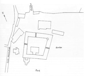 Grundriß der Hofanlage des Oberhauses um 1830 (Skizze: Konrad Lüke, Grundlage: Urkataster)